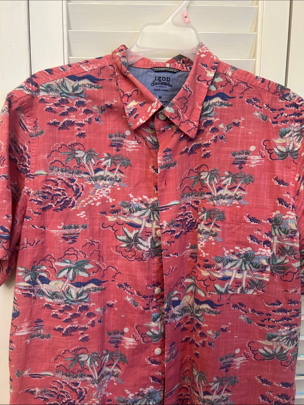 Izod Coral Red Tropical Print Short-Sleeve Button-Up Shirt